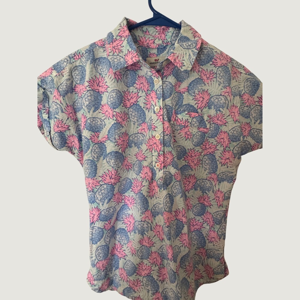 Vineyard Vines Womens Pink Blue Pineapple Print Short Sleeve Button Down Shirt 0
